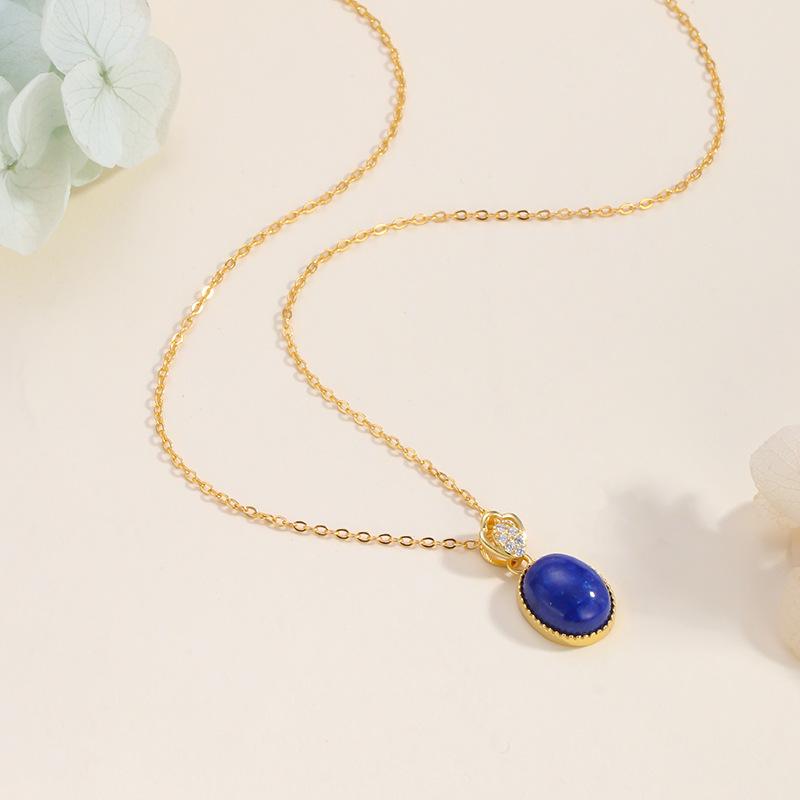 Vintage lapis lazuli necklace women's sterling silver s925 oval egg surface simple high-end collarbone chain niche design daily jewelry gift
