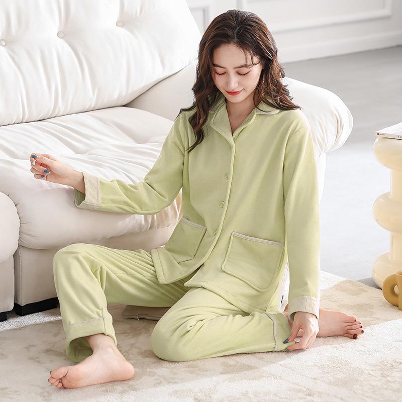 Women's Winter Coral Fleece Pajamas: Spring/Autumn Style, Plus Velvet Cardigan, Solid Color, Warm Sea Island Fleece Home Wear Set.