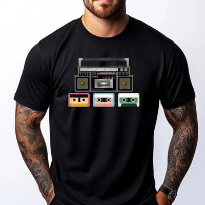 Retro Tape Player Cassette Black T Shirt Spring  Shirts Leisure Black T Shirt Short Sleeve T-Shirt