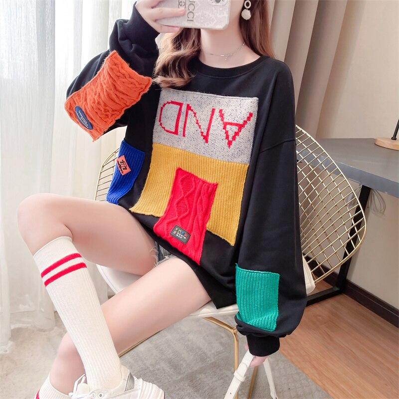 

Весенняя корейская свободная женская толстовка большого размера в стиле пэчворк, уличная толстовка с заниженными рукавами