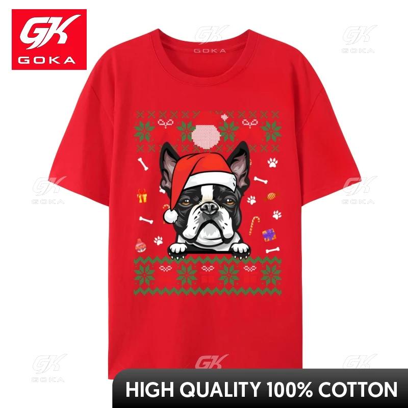 Cute Boston Terrier Dog Ugly Christmas Sweater Santa Hat Tshirt Unisex ShortSleeve Streetwear Cotton Harajuku Shirts S