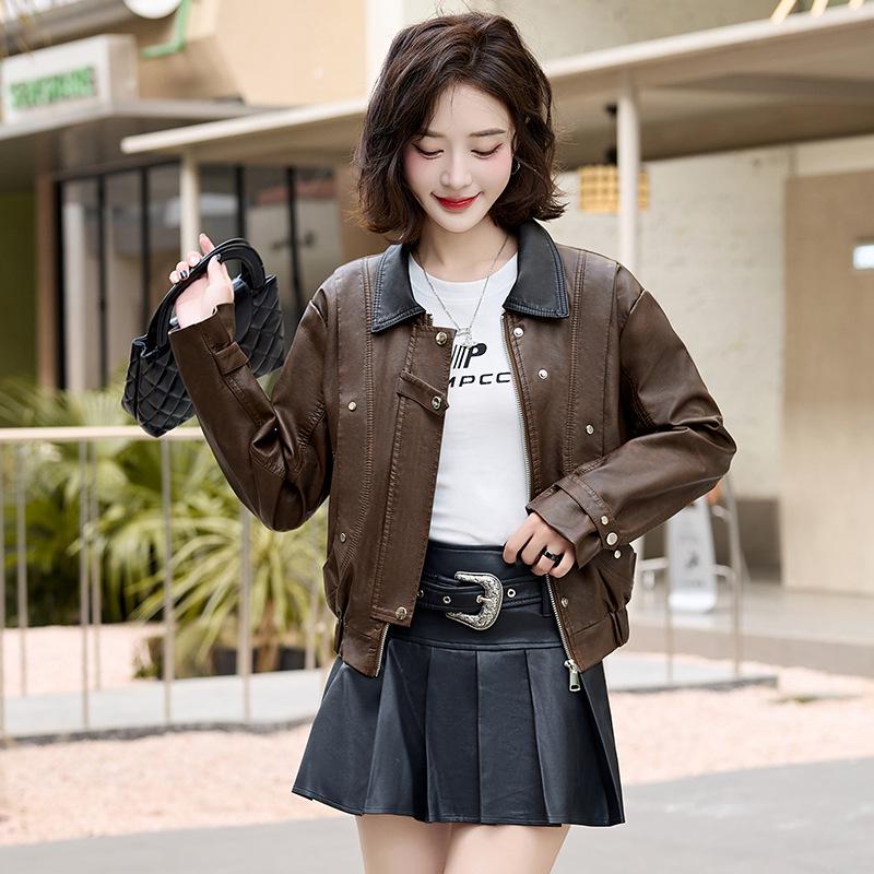 Autumn 2024 Women's Casual Turn-Down Collar Leather Jacket - Slim Fit XG9926