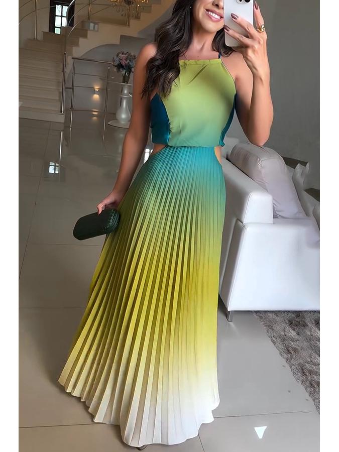 2025 European & American Gradient Sleeveless Backless Pleated Dress