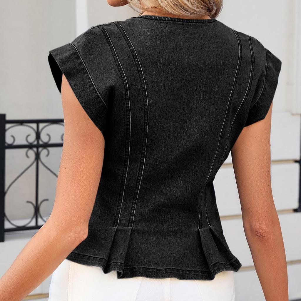 Ladies' Fashionable Casual Buckle Slim Fit Pleated Sleeveless Denim Top