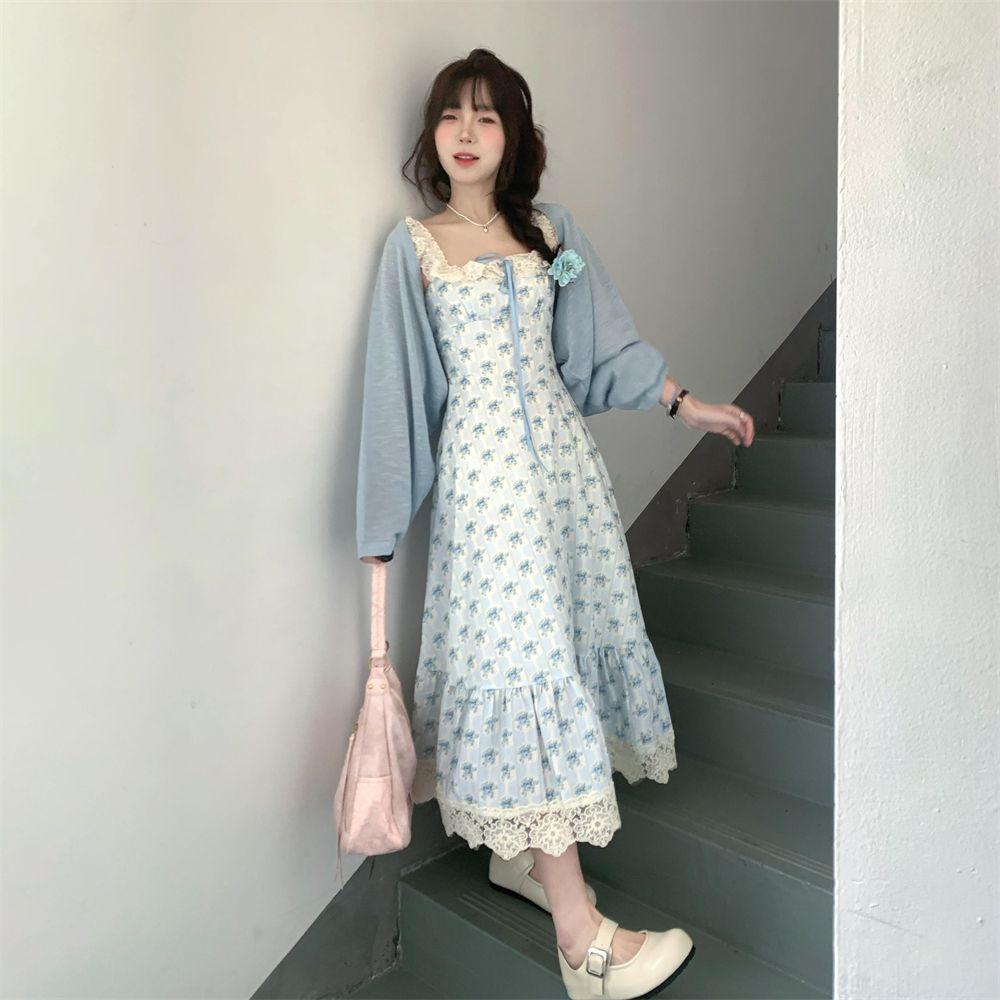 (original quality) Super fairy gentle wind first love edge floral suspender dress summer new salt and sweet dress