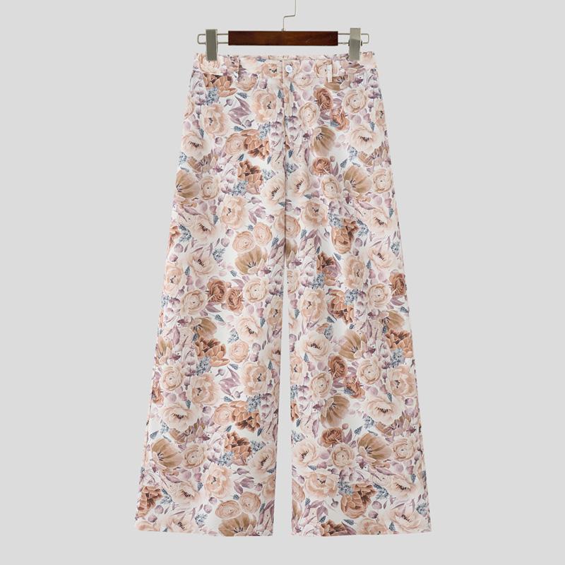 

INCERUN Мужские Женские Брюки на молнии с цветочным принтом, повседневные, свободные, длинные, с широкими штанинами хаки