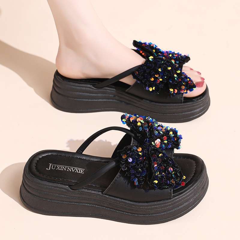 Super fire with skirt platform slippers women's summer wear 2025 new bow sequins high-end sandals