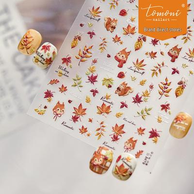 Tomoni Autumn Maple Leaves & Squirrel Embossed Nail Stickers - Short Nails & Leaves Journal Accessories
