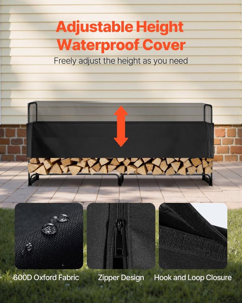 8.5FT Outdoor Firewood Rack with Cover, 102x14.2x46.1 in, Heavy Duty Firewood Holder & 600D Oxford Waterproof Cover for Fireplace, Patio,
