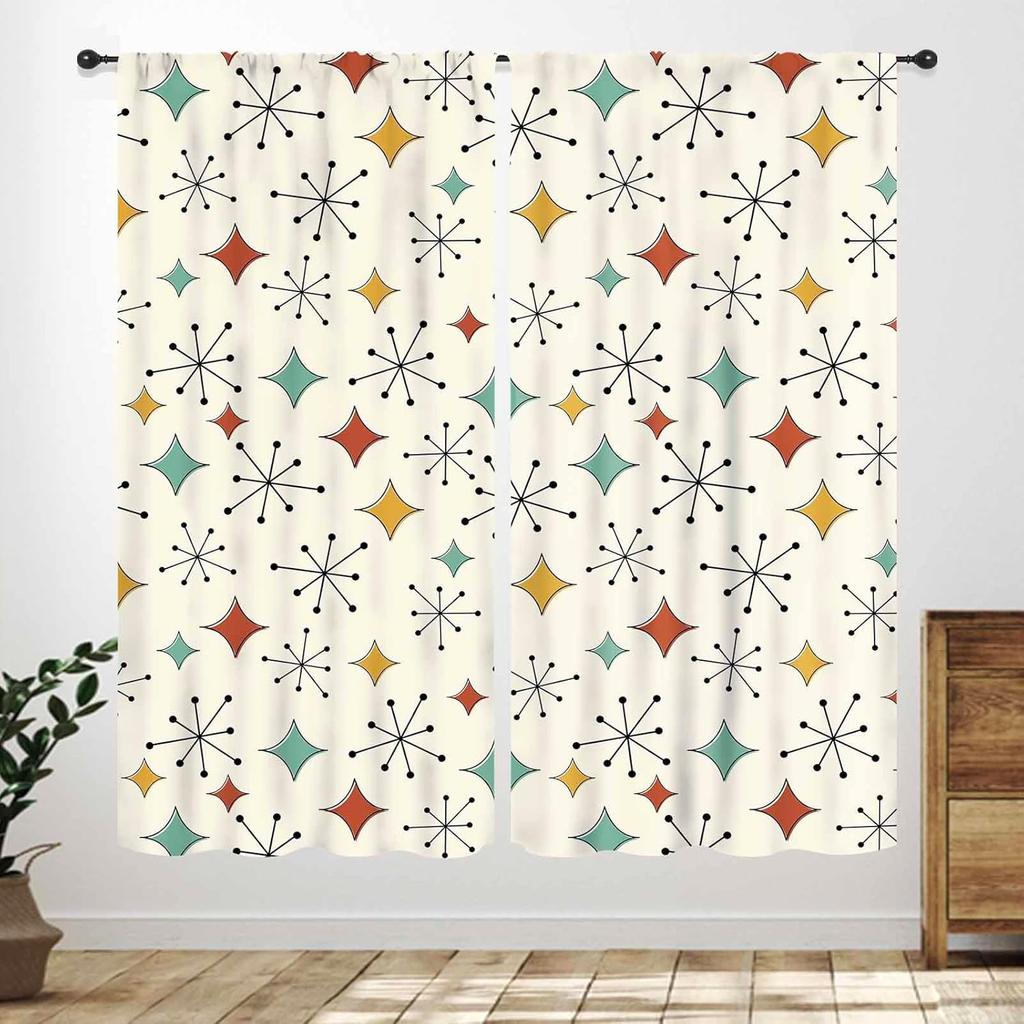 Mid Century Modern Curtains,Blue Orange Abstract Atomic Geometric Pattern Retro 1950S 1960S Style Window Treatments For Bedroom