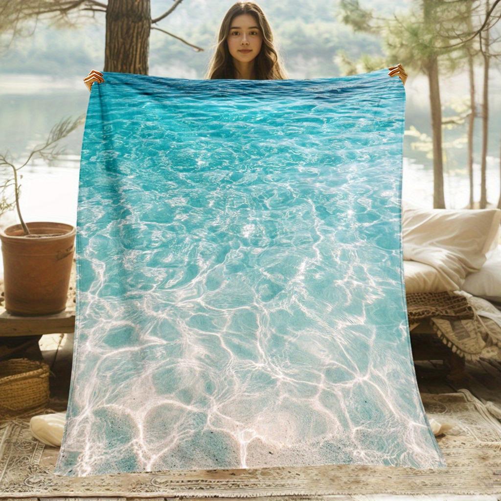 1pc Tropical Ocean Waves Throw Blanket - Turquoise & Sandy Beach Design, Lightweight Flannel All-Season Soft Warm Blanket for Co