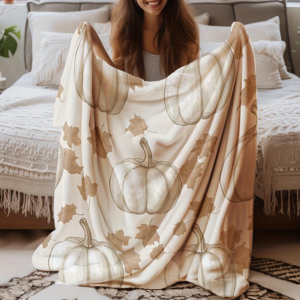 All Season Flannel Blanket Soft Cozy Autumn Throw Pillow Pumpkin Prints Orange Beige Brown Warm Decoration Machine Washable