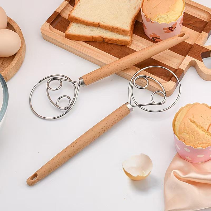1Pc Bread Beater Wooden Handle Stainless Steel Ring Dough Whisk Egg Beater Mixer Tool Cake Pastry Biscuit Yeast Baking Mixer
