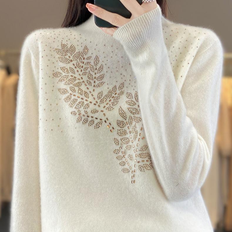 Pull semi-col roulé pour femme automne/hiver, pull ample en strass, haut en tricot doux