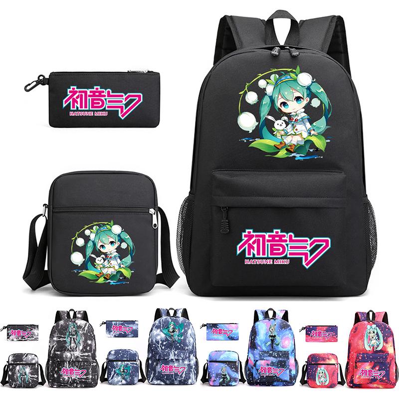 3Pcs/set Anime Cartoon Hatsune Miku Printed Backpack with Shoulder Bag Pencil Case for Teenager Student Boy Girl Large Capacity Waterproof Schoolbag