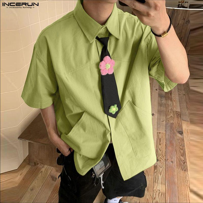 INCERUN Oversized Men Tie Up Neck Short Sleeve Flowers Casual Loose Shirts