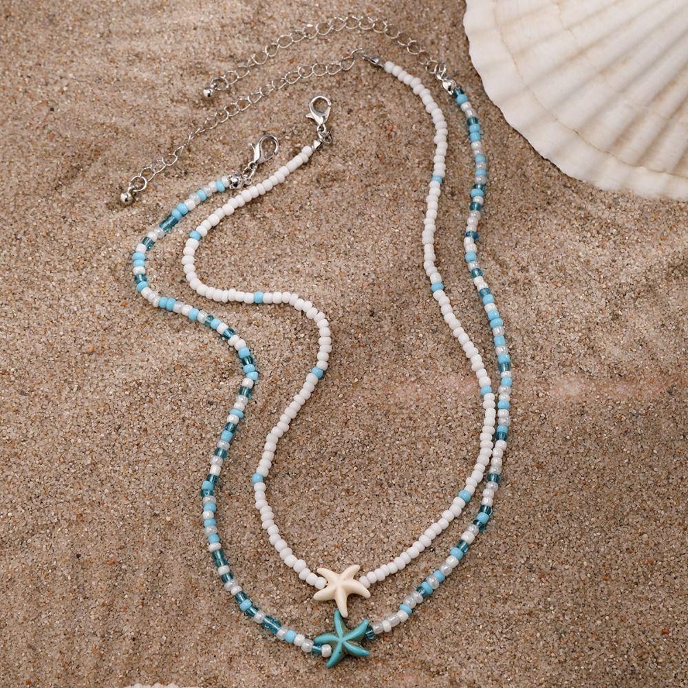 Boho Style Starfish Pendant Necklace Bilayer Bohemia Beads Chain Choker  Vacation