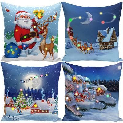 Christmas Glowing Fairy Lights LED Cushion Cover 45x45cm Santa Elk Snow Polyester Pillow  Home Gift  Decoration