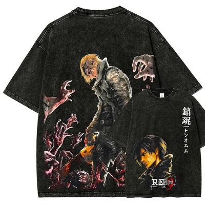 Resident Evil Leon S. Kennedy Chainsaw Washed T-Shirt, Unisex Game Fan Streetwear Tee, 100% Cotton Casual Short Sleeve Top