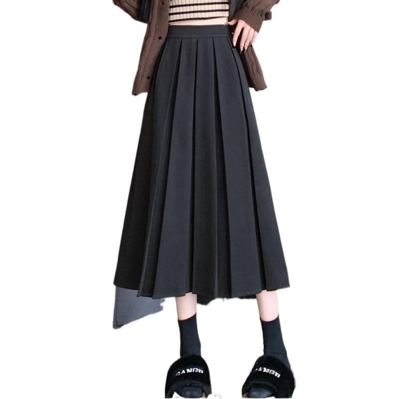 Chic Winter Wool Pleated A-Line Midi Skirt - Plus Size, Age-Reducing, Solid Color