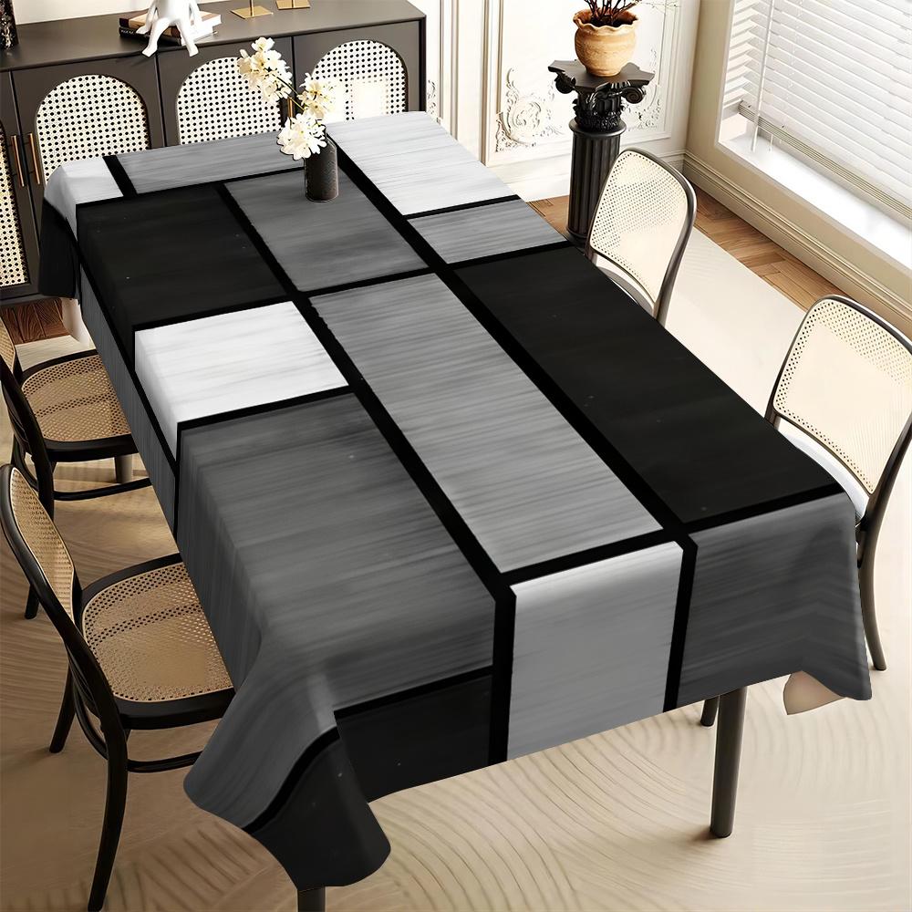 Elegante Schwarz-Weiß Geometrischer Druck Tischdecke - Rechteckige Polyester Esszimmertischdecke für festliche Partydeko