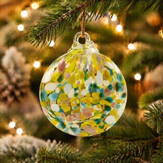Transparent Glass Bauble with Hanging Rope Hand-Blown Round Disc Ornament, Christmas Tree Decoration Unique Patterned Ornament Hemp for Outdoor Indoor