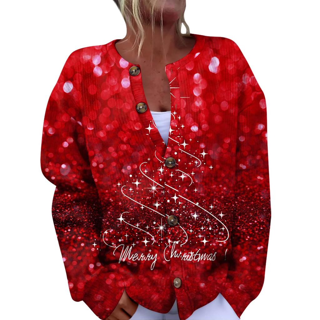 Women's Fashion Christmas Printed Long Sleeve Knitted Cardigan Button Down Jacket