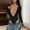 Black Deep V Neck Long Sleeve Stretchy Tight Bodysuit Sexy Inner Layering Top For Women