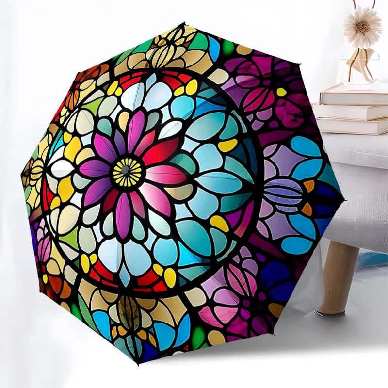 

1pc Colorful Stained Glass Design Automatic Folding Umbrella - Portable 3-Fold Design, 8-Bone Iron Frame Outdoor Umbrella, Perfect Gift for Fans, Trav