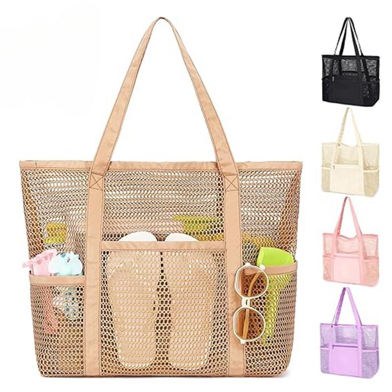 Große Maschen-Strandtasche Damen Sommer Umhängetasche Leichte Reise-Einkaufstasche mit mehreren Taschen