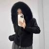 Weißer großer Pelzkragen Kapuze Fuchshaar Strickjacke Damen Herbst Winter Lässiges Gefühl Lockerer Reißverschluss Strickjacke Pullover