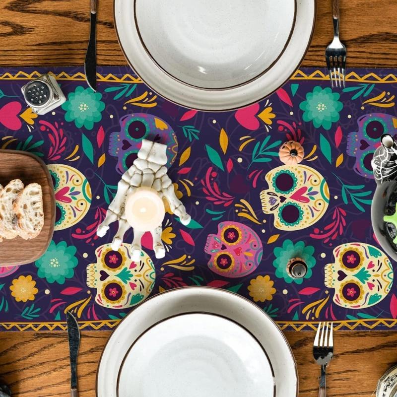 Horror Halloween Skull Table Runner Ethnic Mexico Flower Table Runner Day of The Dead Kitchen Dining Tablecloth Table