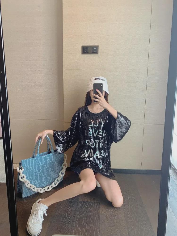 European Fashion Plus Size Women's Sequin T-Shirt Dress - Early Spring Shiny Trend