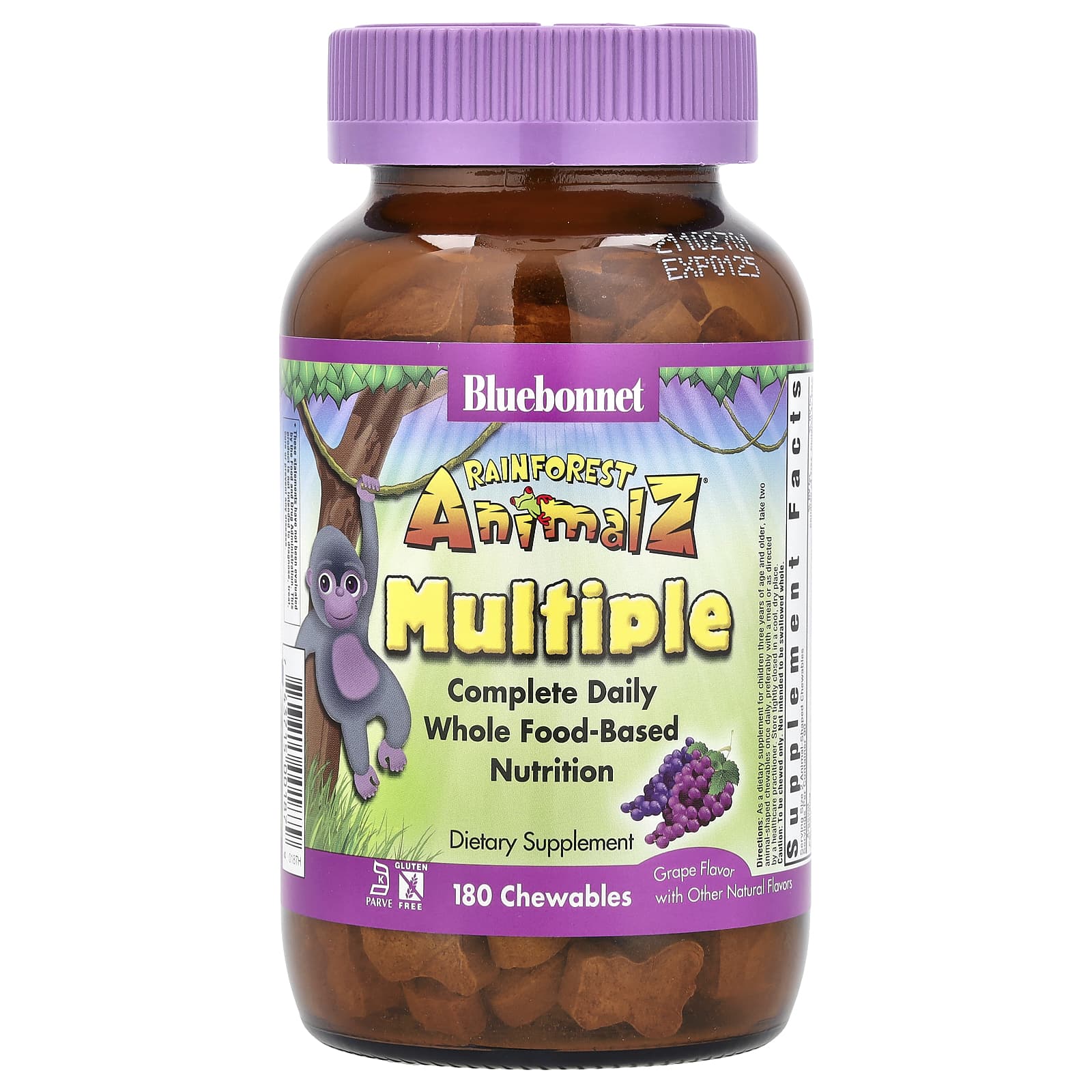 

Bluebonnet Nutrition, Rainforest Animalz, comprehensive daily whole food-based nutrients, grape flavor, chewable 180 tablets