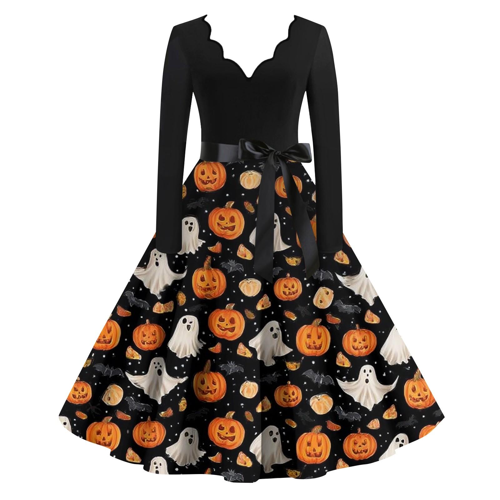 

Женские модные платья с волнистым краем, V-образным вырезом, повседневные, облегающие, с принтом на Хэллоуин, с длинным рукавом XL тёмно-синий