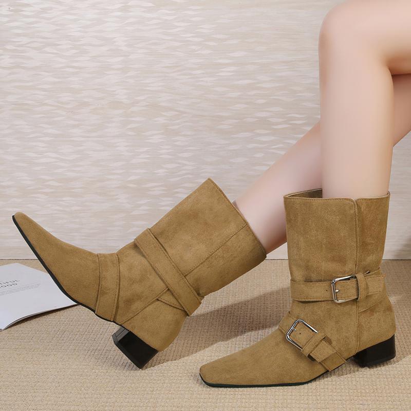 Fashion Women Heeled Ankle Boots 2025 Winter Suede Fashion Buckle Shoes Designer Elegant Short Boots Dress Pumps New Classical Zapatos