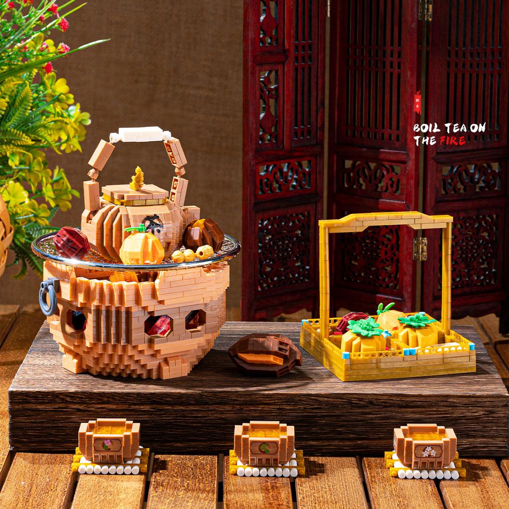Cozinhar chá ao redor do fogão Blocos de construção montados com micropartículas Ornamentos chineses Brinquedos educativos para crianças