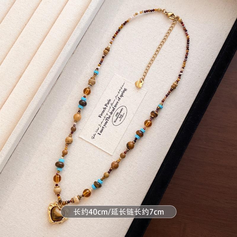 18K Gold Stainless Steel Chokers Boho Mix Color Natural Stone Tiger Eyes Beads Irregular Heart Pendant Necklaces for Women