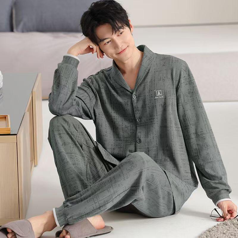 Men's Loose-Fit Pure Cotton Pajama Set: Long Sleeve Cardigan & Pants for Spring/Autumn