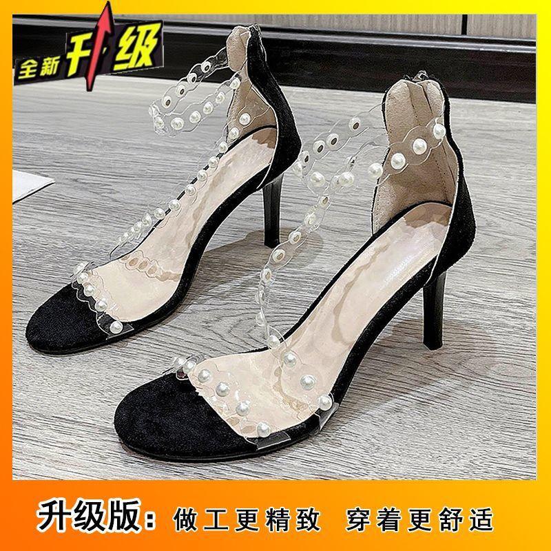Fashion Versatile and Comfortable One-word Pearl Sandals Summer 2025 New French Transparent Rear Zipper High Heels Women