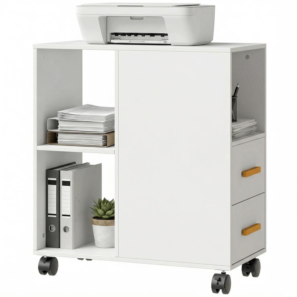 Printer Stand Printer Table with Adjustable Shelf, Casters for Fax Scanner 60 X 30 X 65 Cm White