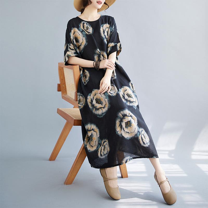 

Летнее платье Ma Art свободного кроя с крупным принтом, круглым вырезом и короткими рукавами для женщин, повседневные платья M тёмно-синий