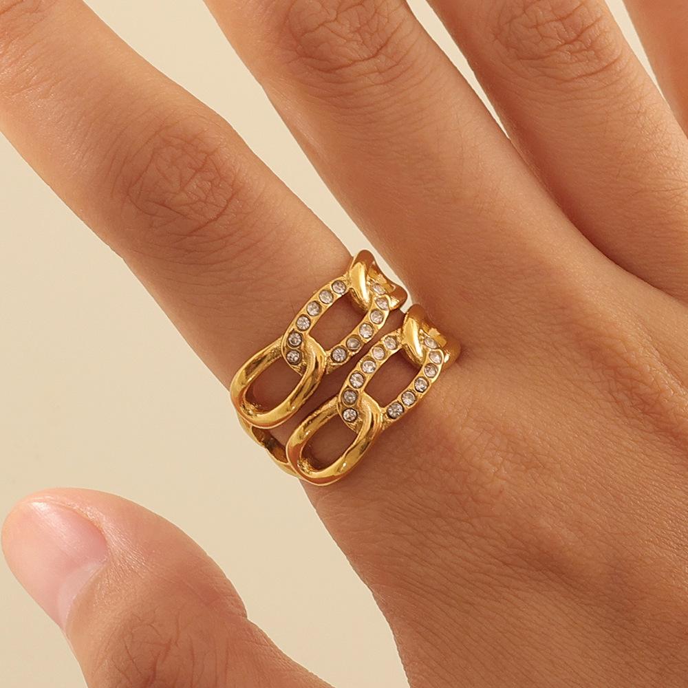 Elegant 18K Gold-Plated Double Layer Rhinestone Inlaid Hollow Stainless Steel Women's Ring