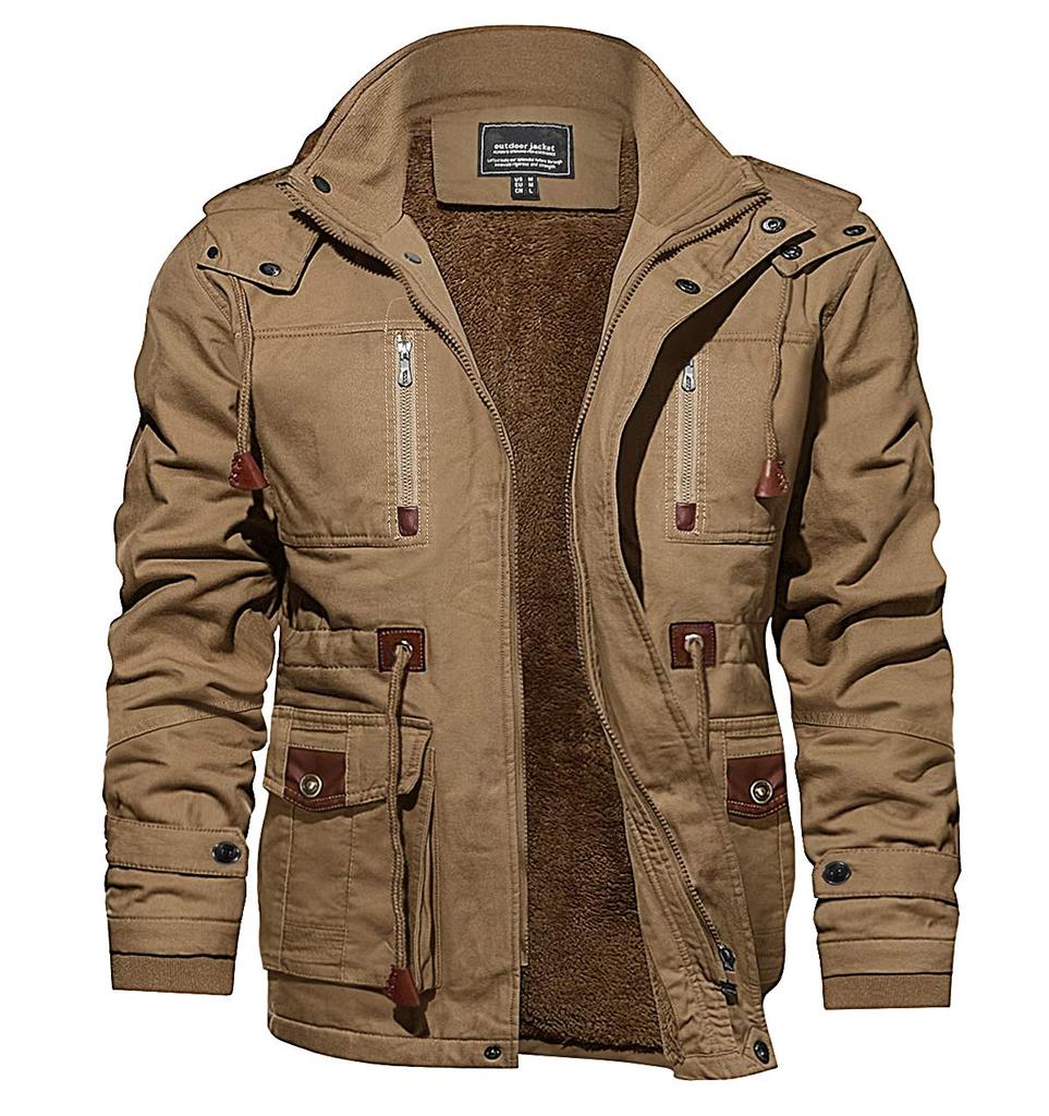 KEFITEVD Cargo Military Motorcycle Cotton Stylish Size 3XL Men's Jacket, Fleece-Lined, Warm, Jacket, Outdoor, Wear, Windproof, Coat, Blouson, Khaki,