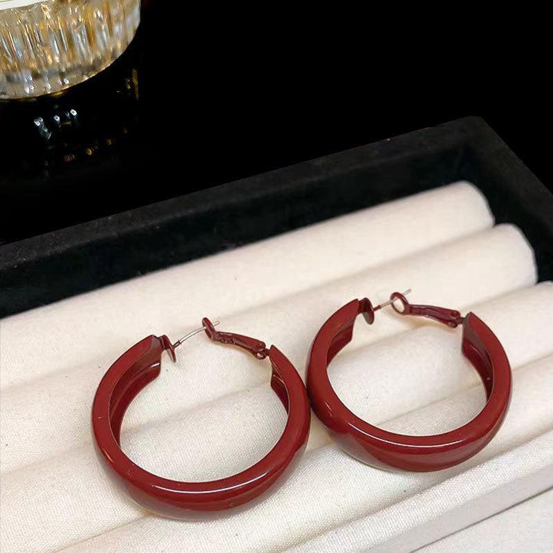 Ankola Red Circle Ear Buckle Retro Hong Kong Style Red Drop Glaze Earrings Niche Simple Earrings