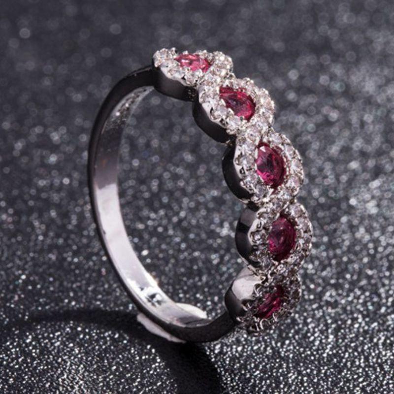 Elegant Ruby Right Hand Ring With Silver Eternal Bridal Wedding Band