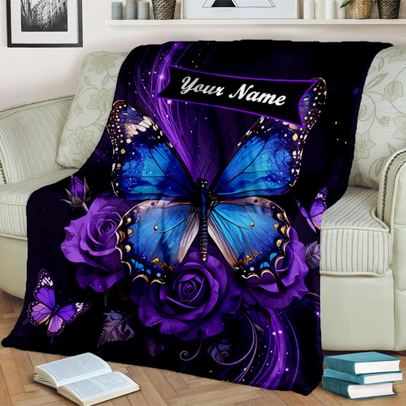 1PC Custom Name Butterfly Roses flannel blanket versatile,all-season throw suitable for the living room,bedroom,camping,travel,and gift