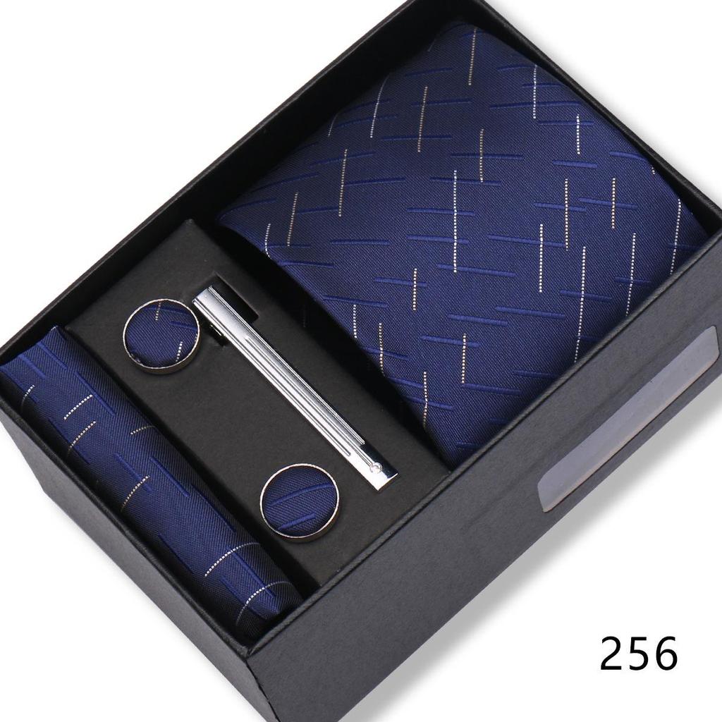 Men's Black & Wine Red Striped Plaid Tie Set with Pocket Square - Formal Wedding Gift Box