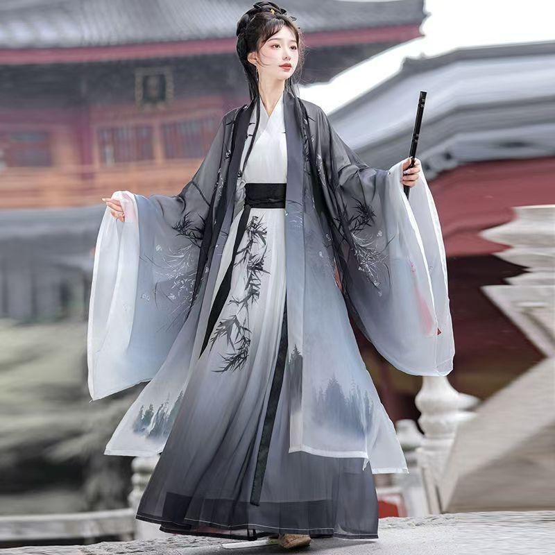 Unisex Song Dynasty Style Hanfu Inspired Modern Set Women Men Watercolor Print Wide Sleeve Top Skirt