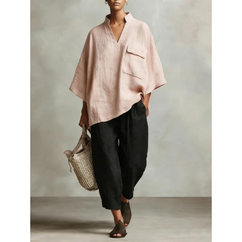 Women Loose V Neck Short Sleeve Cotton Linen Summer Shirt